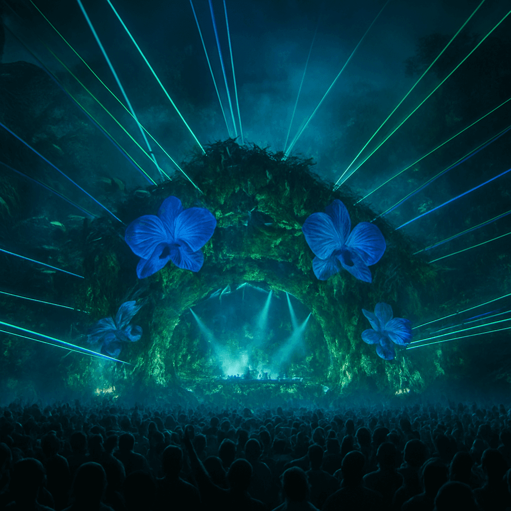 The full-scale live plant music festival with a living stage and crowd in the tropical rainforest