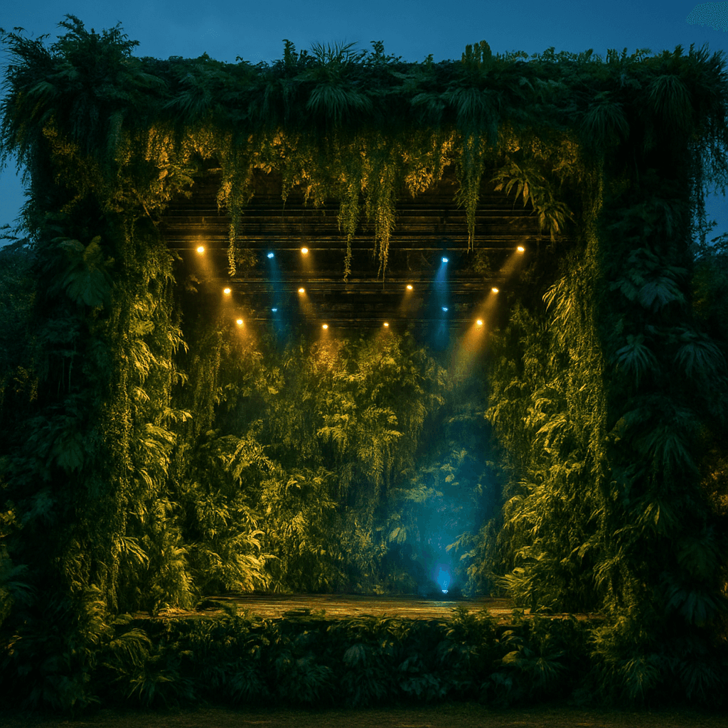Festival stage covered in 200,000 living plants glowing under concert lighting