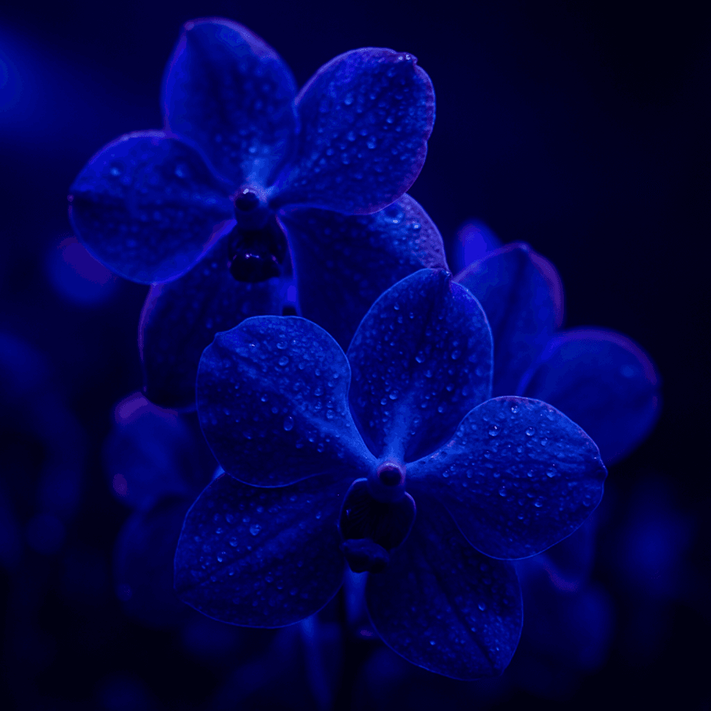 Vivid blue Vanda orchids in bloom under dramatic festival lighting