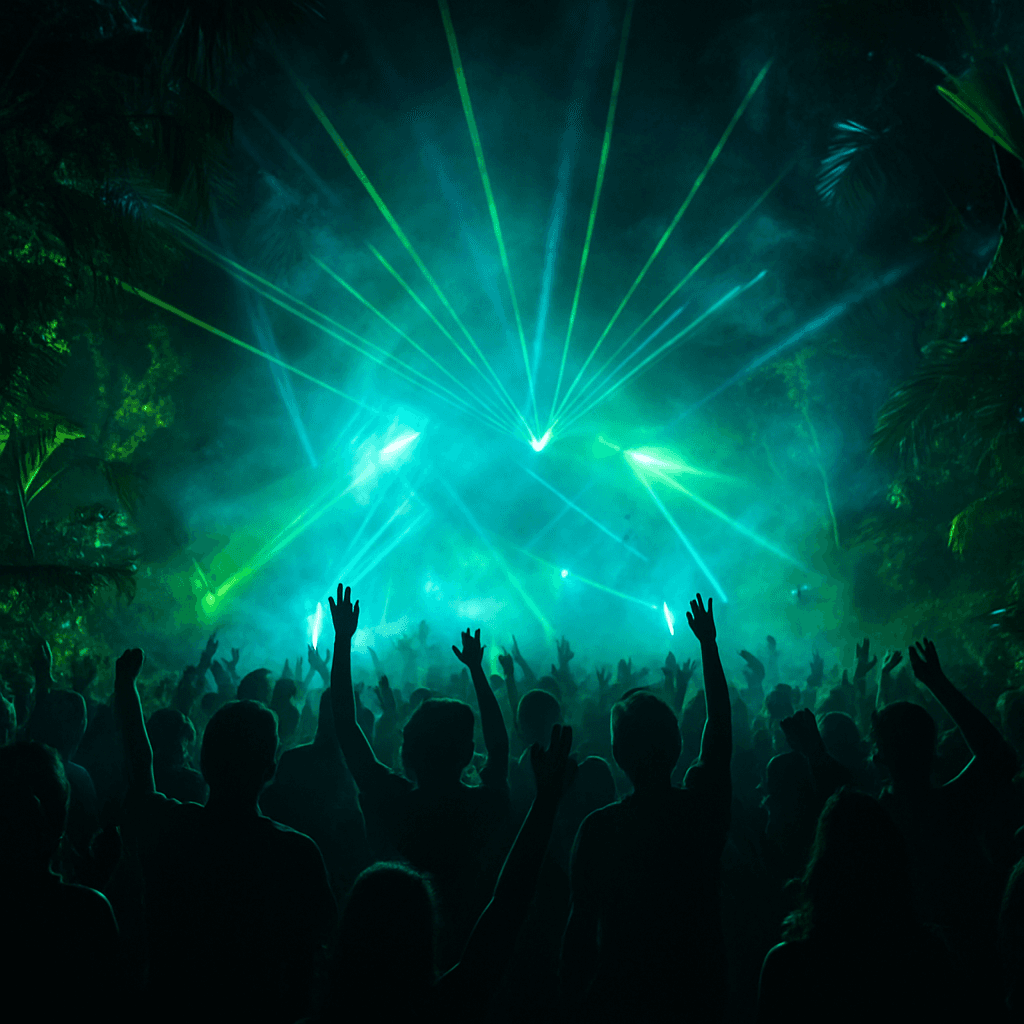 Festival crowd dancing under green and blue lights inside the jungle music festival
